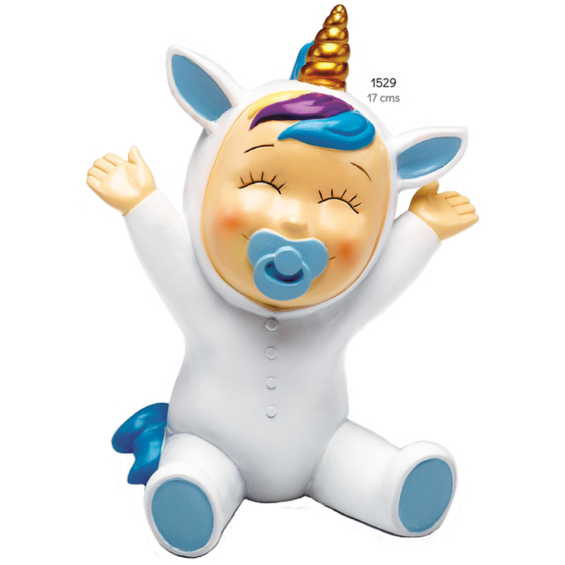 Figura bautizo hucha bebé unicornio azul