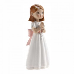 Figura comunión niña rosario y lazo rosa