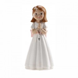 Figura comunión niña rosario y lazo rosa
